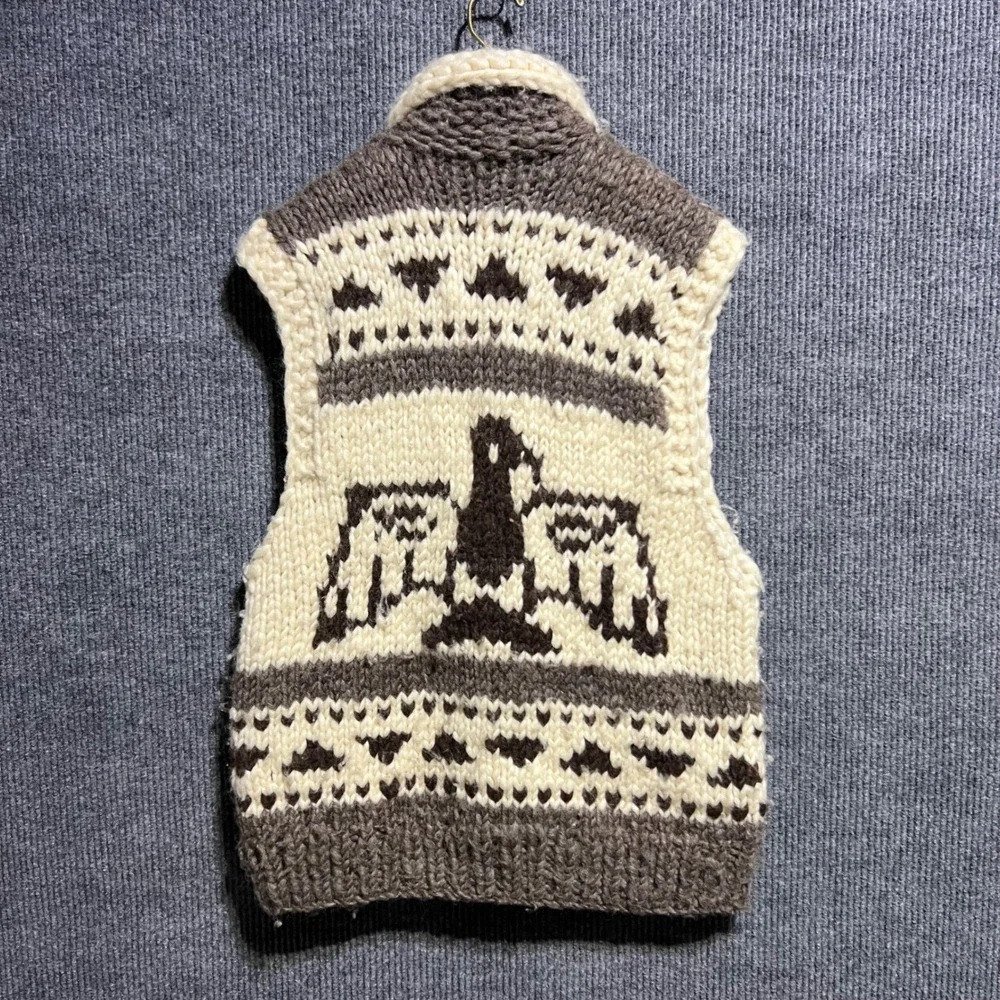 Vintage Cowichan Wool Vest Mens M Brown Eagle Thunderbird Hand Knit Canada